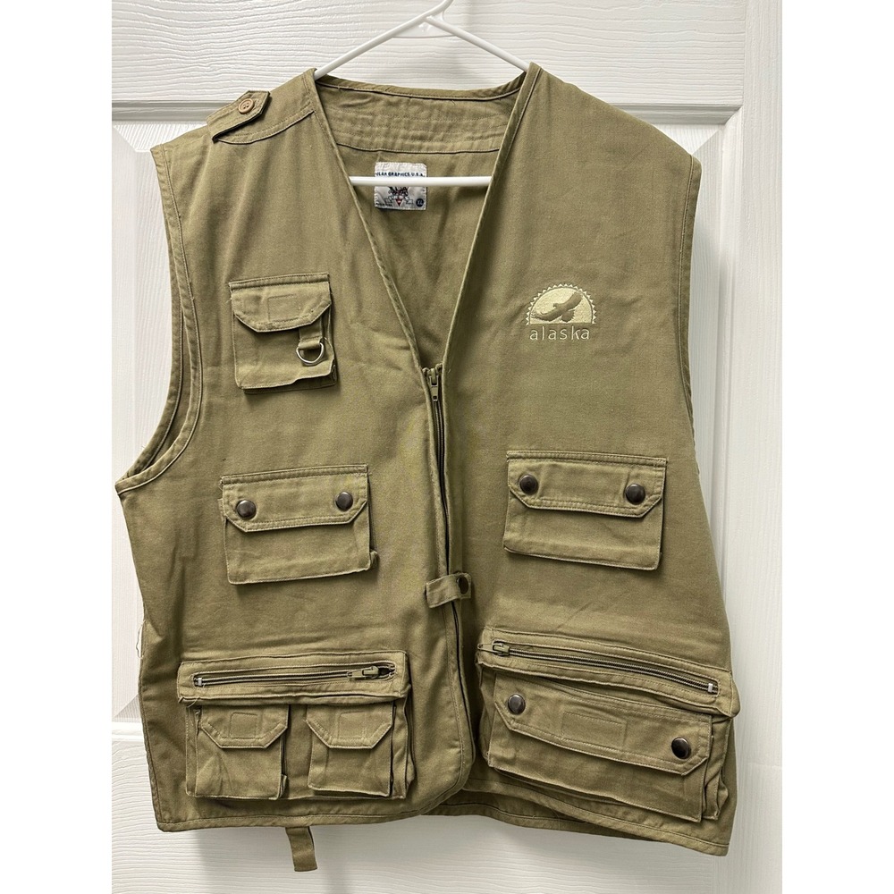 Polar Graphics USA Alaska Utility Fishing Vest Men XL Khaki Cotton Cargo Pockets